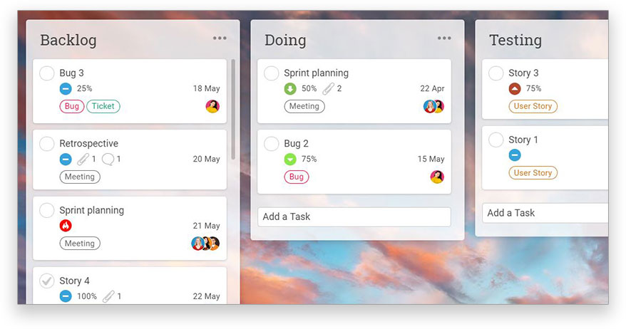 A screenshot of the Kanban board in ProjectManager.com, with project cycle identified in columns