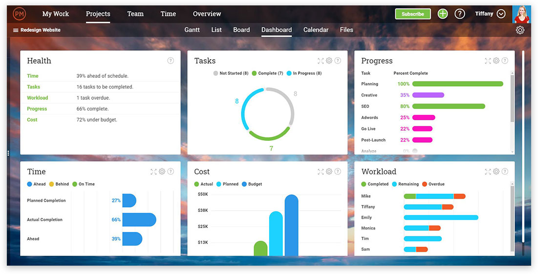 A screenshot of the dashboard on ProjectManager.com