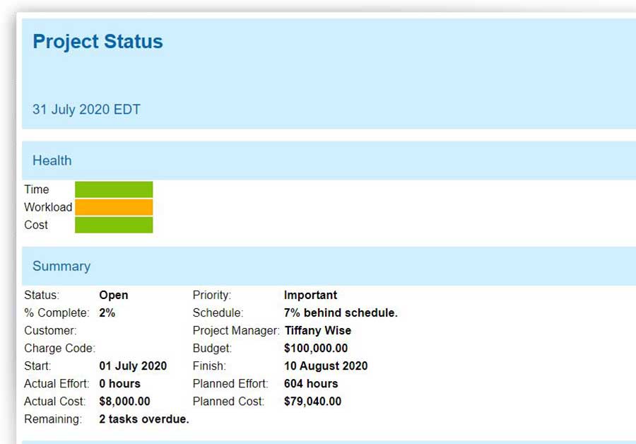 A screenshot that shows the status of your project in a detailed report