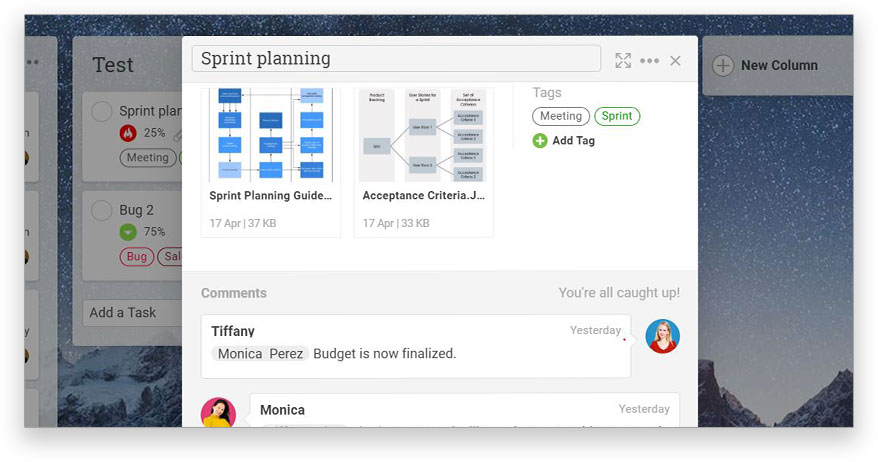 A screenshot of the Kanban card open with attachments and comments