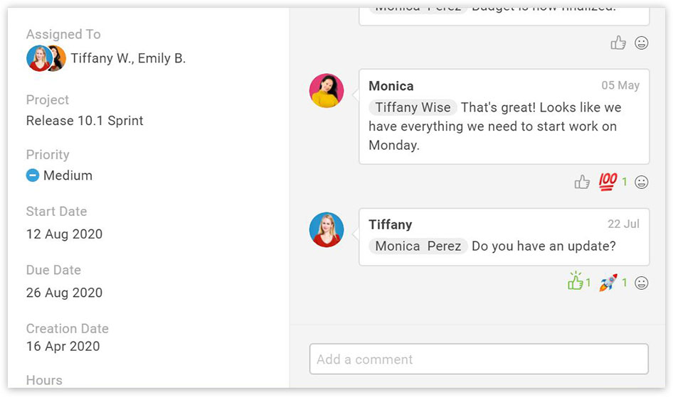 A screenshot of a task view in ProjectManager.com, showing a team collaborating through comments