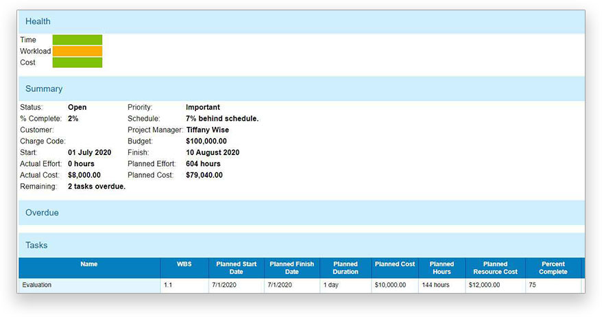 Project status report that shows details on time, workload, cost and more