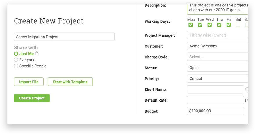 A screenshot of the create a new project window in ProjectManager.com