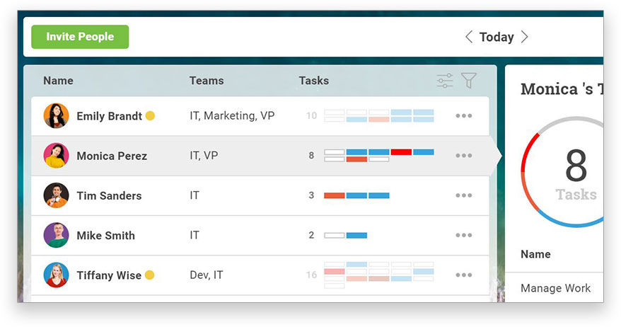 A screenshot of the Team management page, showing team members and their tasks, priority and more