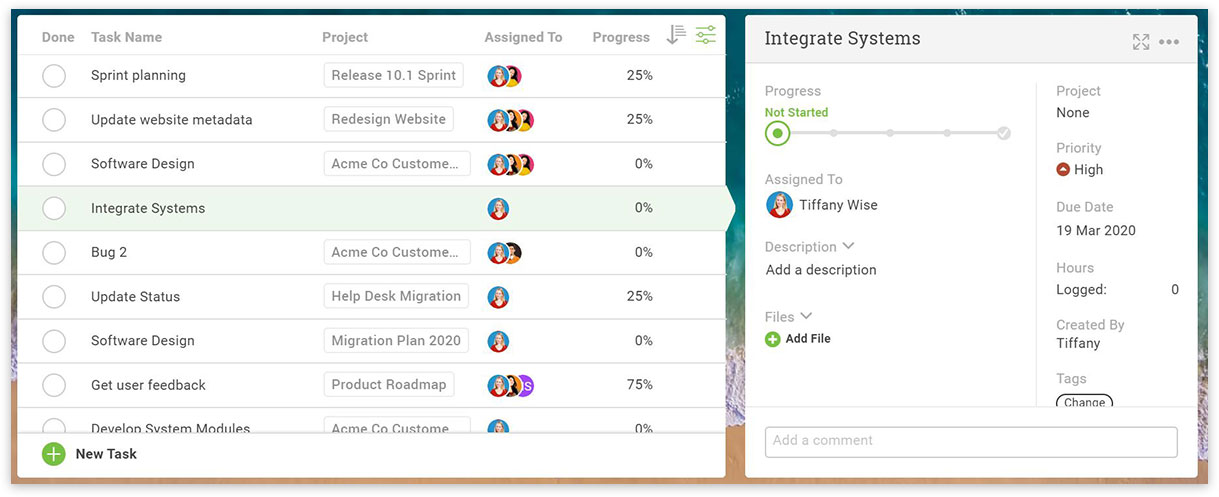 A screenshot of the ProjectManager.com’s “My Work” page, that shows a user’s personal tasks.