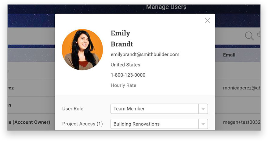 A screenshot of the team member window open with details of their role, assigned project, skills and more