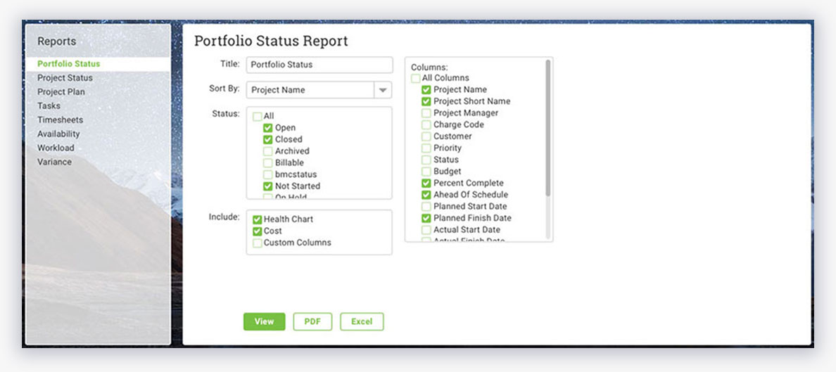 A screenshot of the Overview Reports view in ProjectManager.com, which allows for customized reports based on filters
