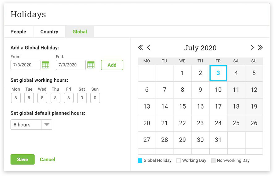A screenshot of the Holidays window on ProjectManager.com