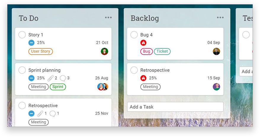 A screenshot of the Kanban board, with columns of tasks to do, backlog, test and more