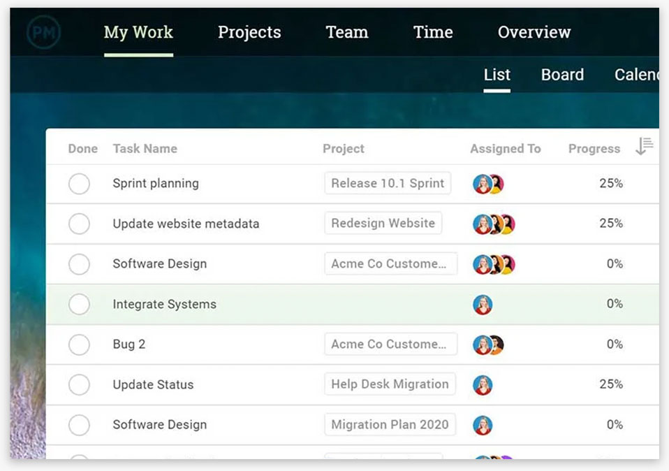 A zoomed in screenshot of ProjectManager.com’s My Work page, showing tasks in list form