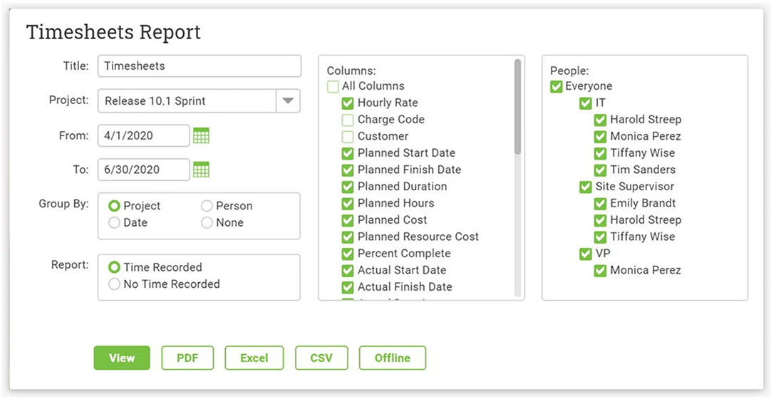 A screenshot of ProjectManager.com’s timesheet generator window, where users can choose which data to output into a pdf report