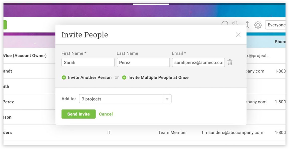 Invite people popup on manage users page