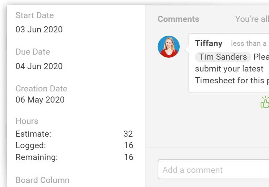 A screenshot of the Kanban board view, of a task card with start and end dates