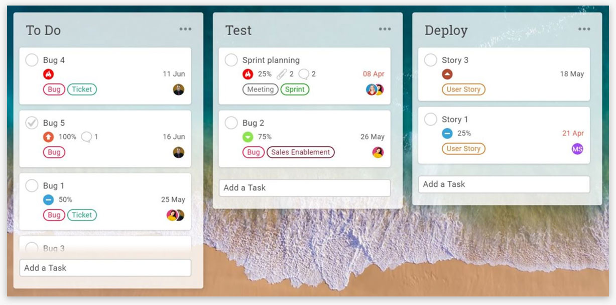 A screenshot of the kanban view in ProjectManager.com, with “To Do,” “Test” and “Deploy” columns, and tasks on cards on each