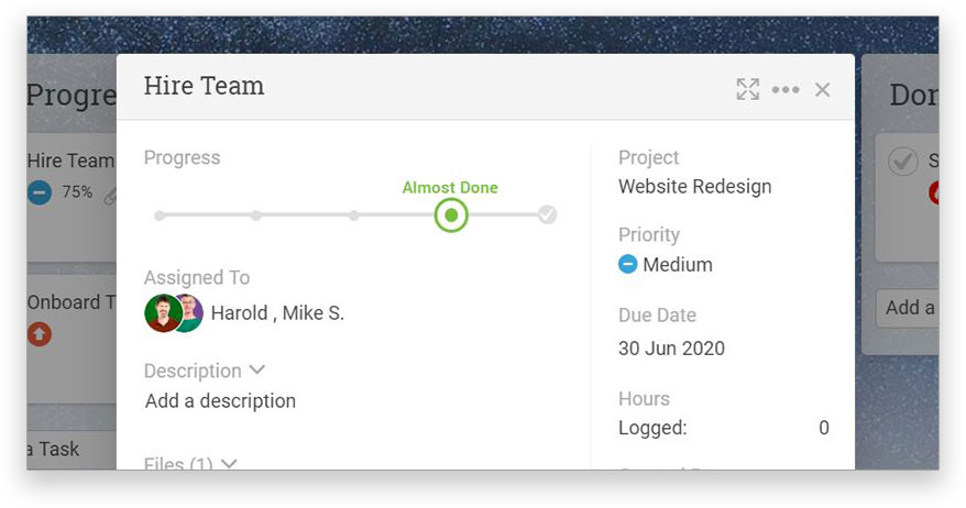 A screenshot of a Task card on kanban board, with progress bar set to “almost done”
