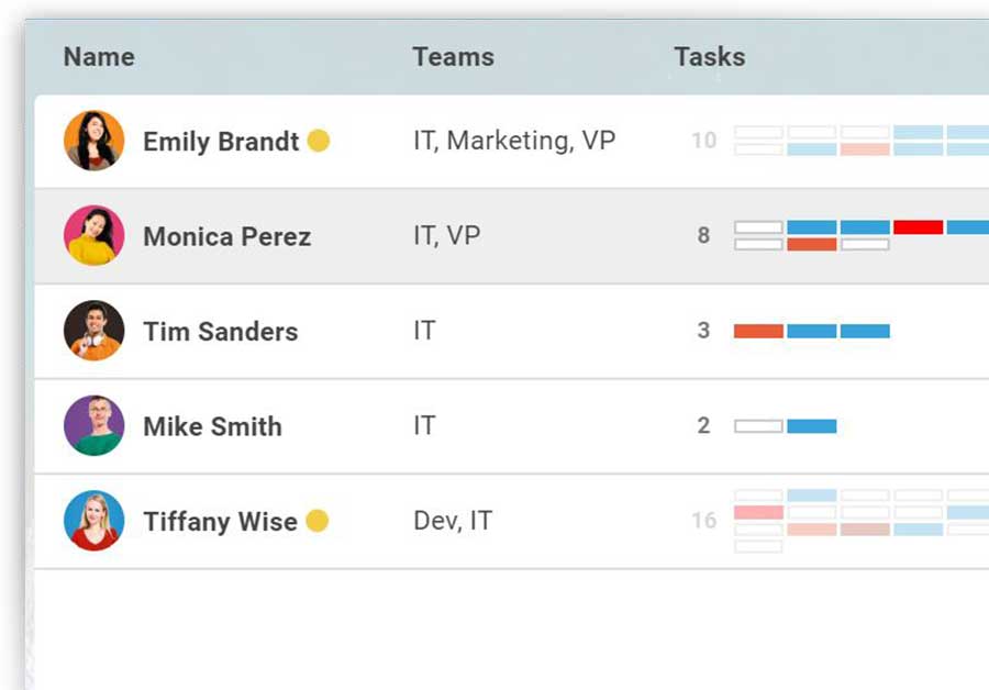 A screenshot of the Team page, which gives overview of tasks, due dates and priority