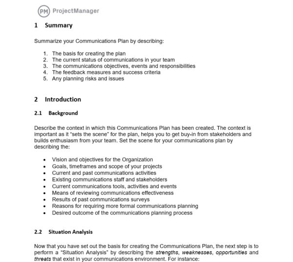 ProjectManager's free communications plan template