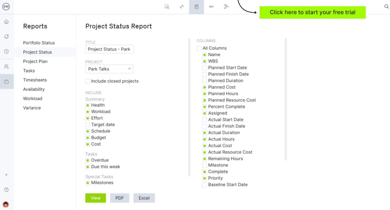 Status report in ProjectManager
