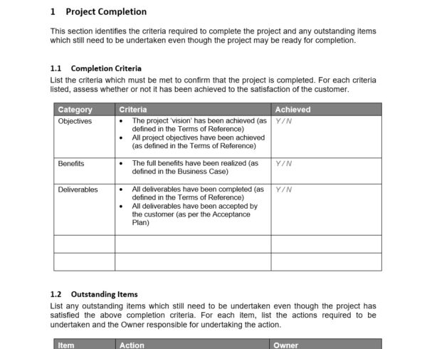 Free project closure template for Word