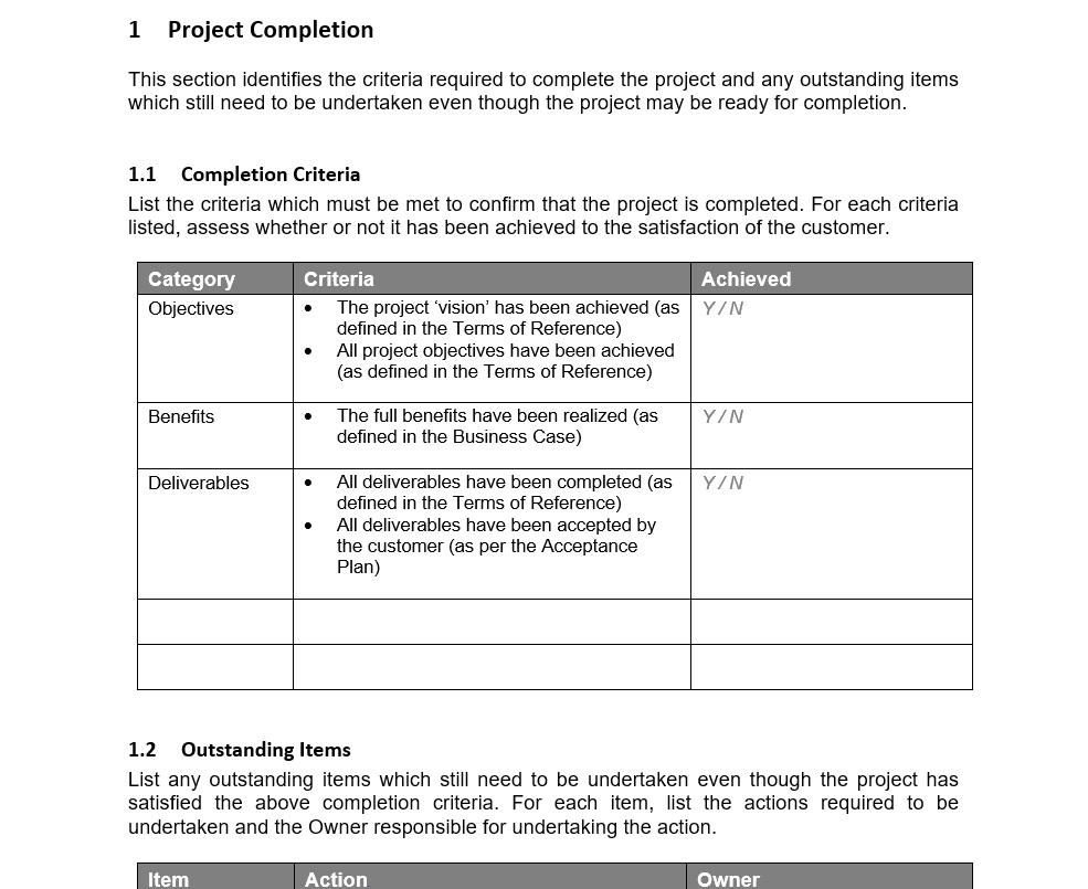 Project closure template in ProjectManager
