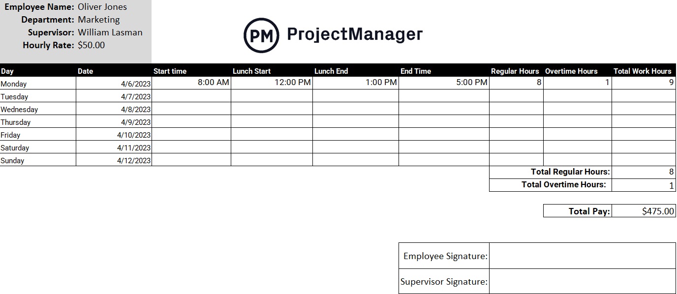 ProjectManager's free timesheet template