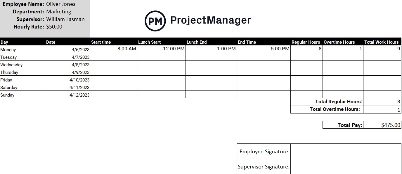 Free Timesheet Template for Excel - ProjectManager