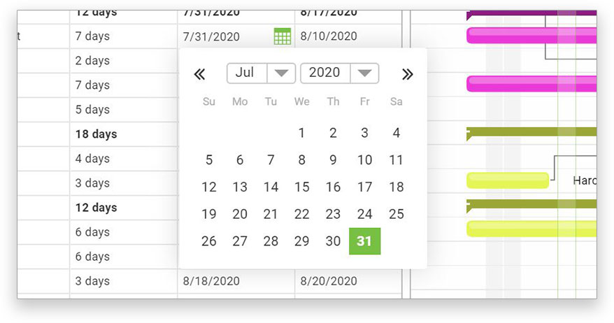 A screenshot of ProjectManager.com’s gantt chart, with a calendar pop-up on a task that lets you adjust the start and end date