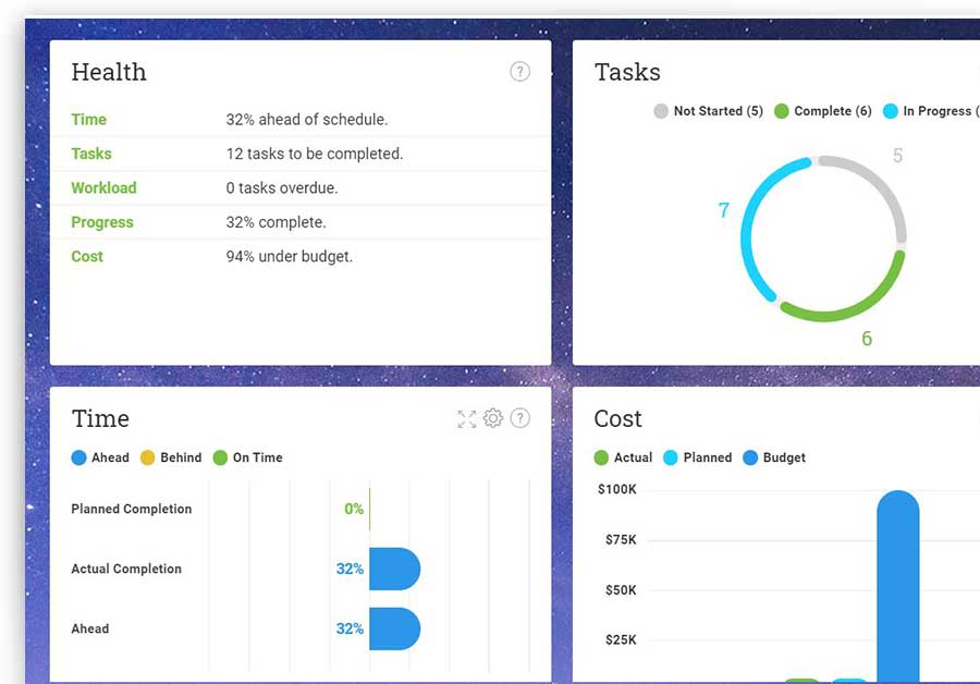 A screenshot of a dashboard in ProjectManager.com