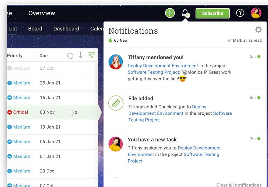 A screenshot of in-app notifications in ProjectManager.com