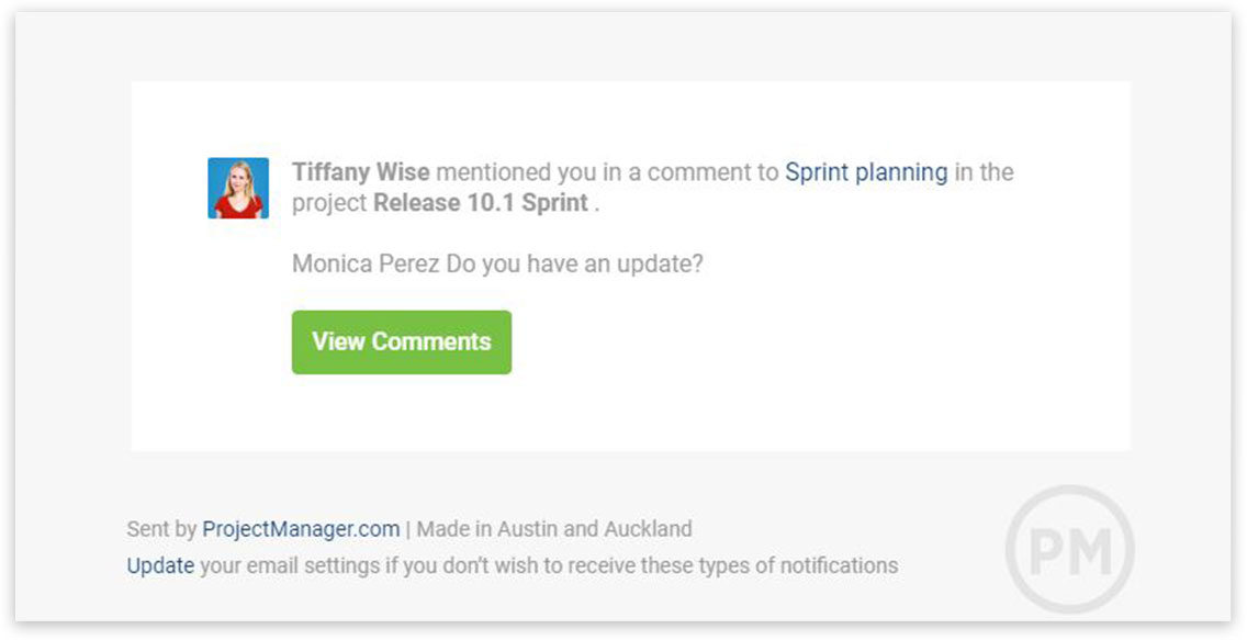 A screenshot of an email notification from ProjectManager.com