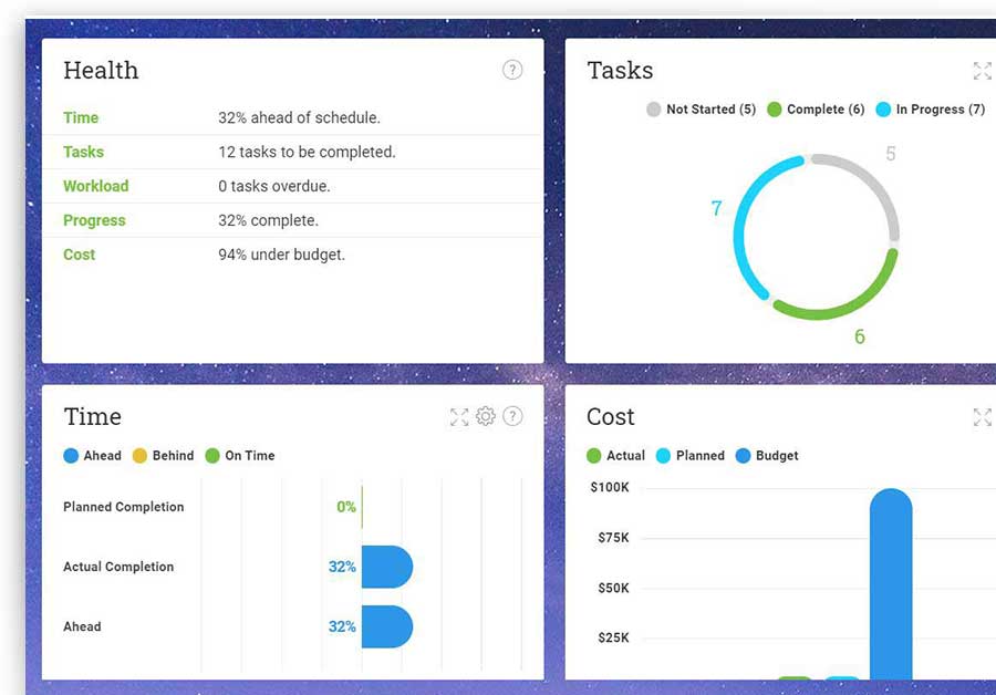 A zoomed in screenshot of ProjectManager.com’s dashboard view