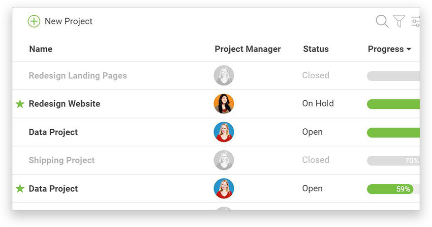 Overview projects view with project, project manager, status, progress and more listed