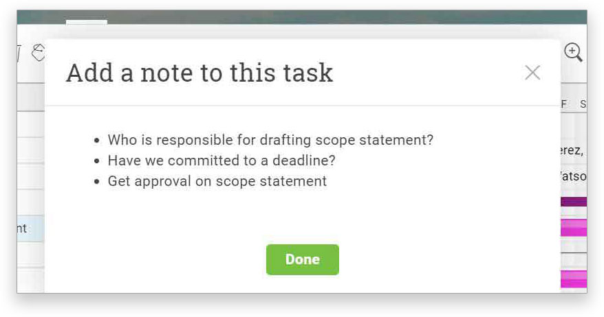 A screenshot of ProjectManager.com’s gantt chart view, with a pop-up to add a note to a task