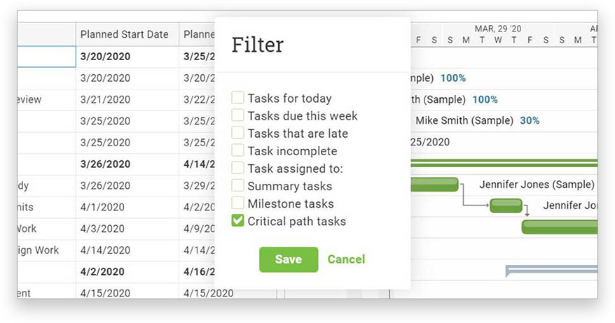 A screenshot of the gantt chart in ProjectManager.com with the critical path filter activated