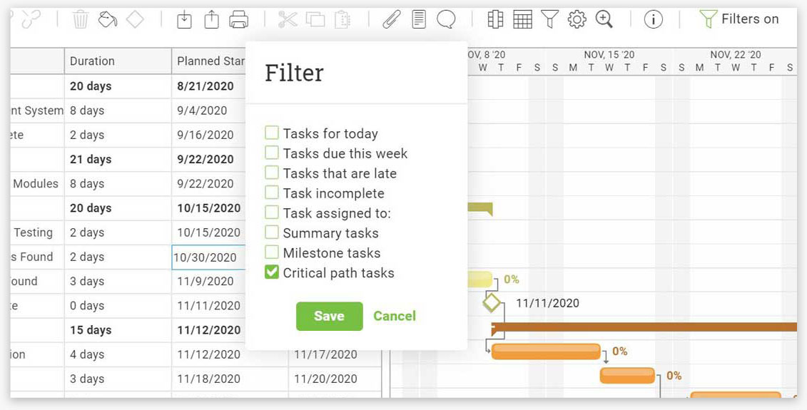A screenshot of a gantt chart in projectmanager.com, with a filter popup that has the critical path function selected