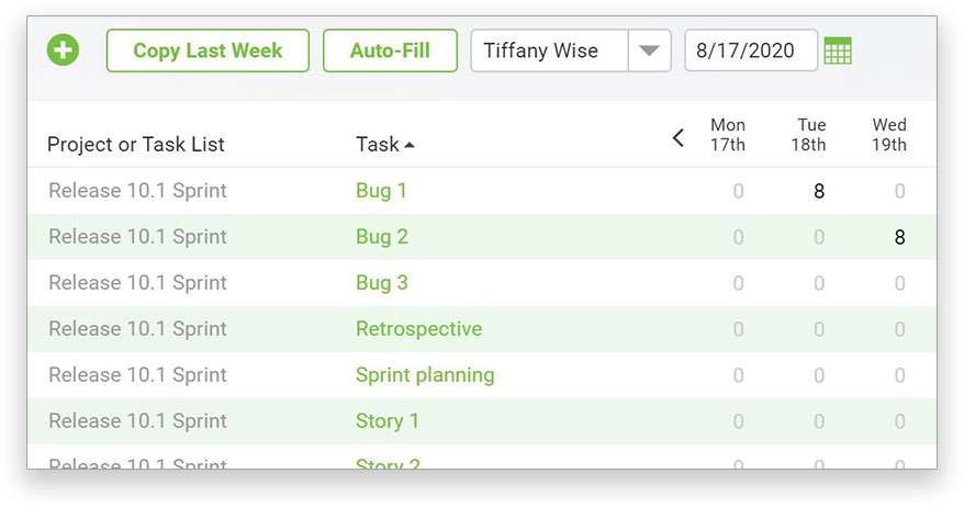 Timesheet with copy last week and auto-fill buttons