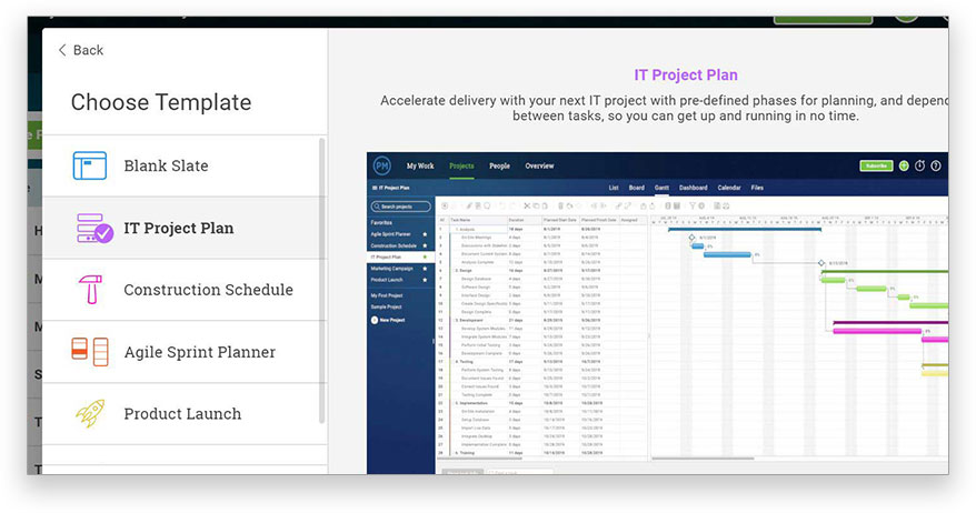 A screenshot of ProjectManager.com’s “Choose Template” window, which allows you to kick start your progress on a project