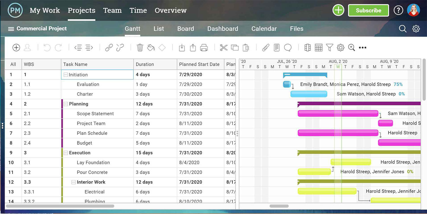 A screenshot of ProjectManager.com’s gantt chart