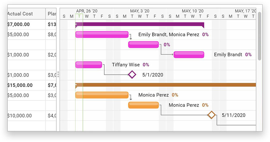 Gantt chart view with resource costs listed