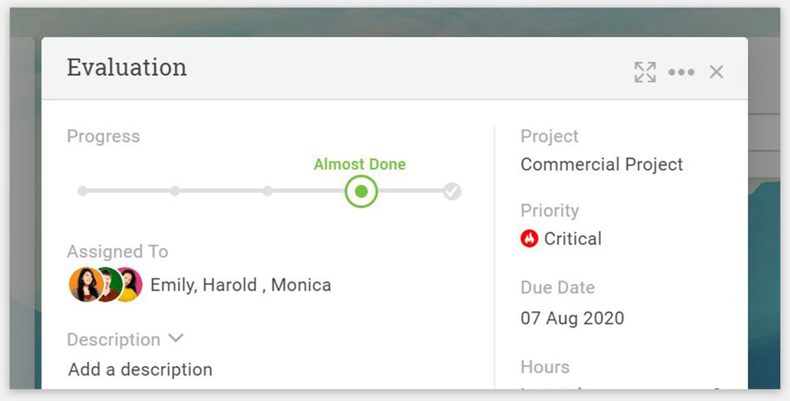 A screenshot of ProjectManager.com’s task view, which shows task’s different metrics, such as priority, due date, hours logged, description, team member and progress
