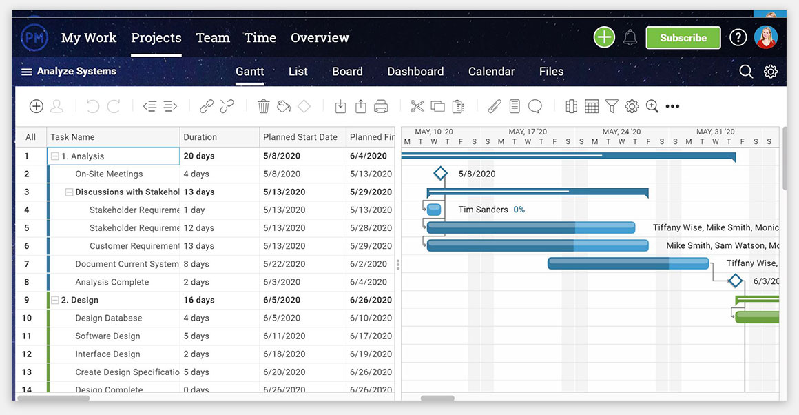 Gantt chart with project timeline