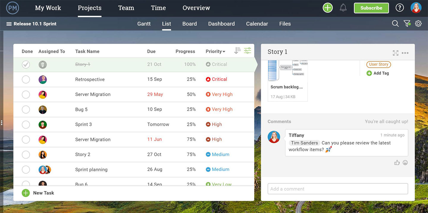 A screenshot of ProjectManager.com’s task list view, with a task toggled on and comments being shown.