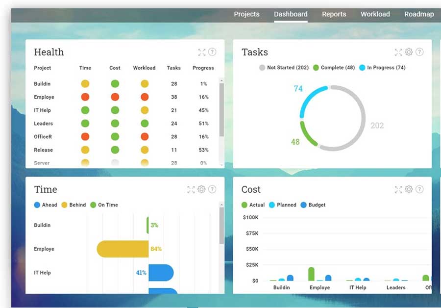 A screenshot of the Overview Dashboard page of ProjectManager.com, which shows metrics across all of your projects