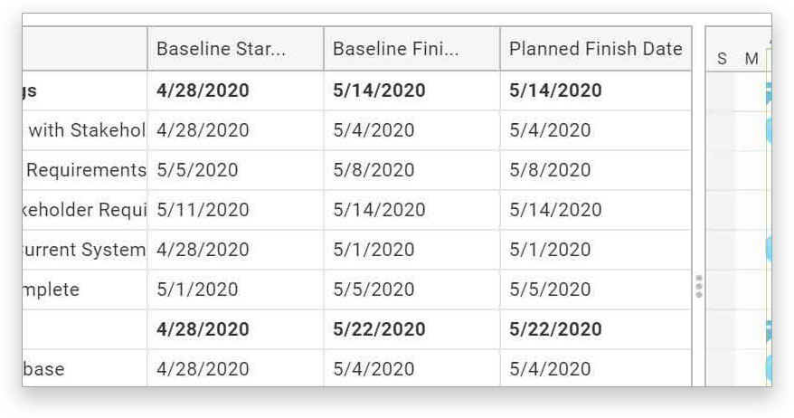 A screenshot of ProjectManager.com’s gantt chart, with the baseline columns zoomed in on