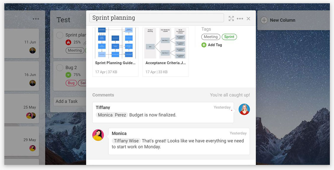 A screenshot of ProjectManager.com’s task view, which shows attached files, tags, comments and team members assigned to it
