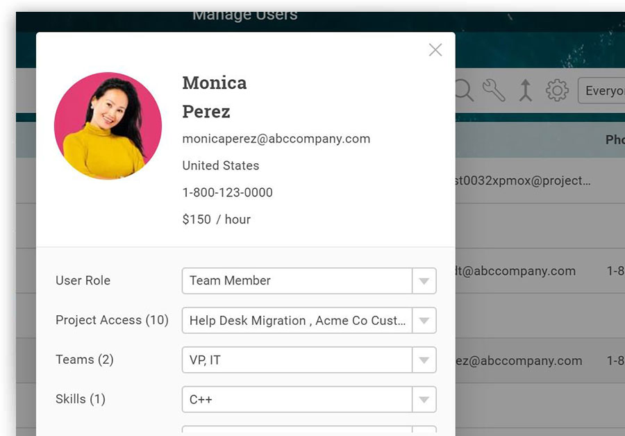 Screenshot of the manage users page on ProjectManager.com, which shows the the user role, access, which teams they’re on and their listed skills