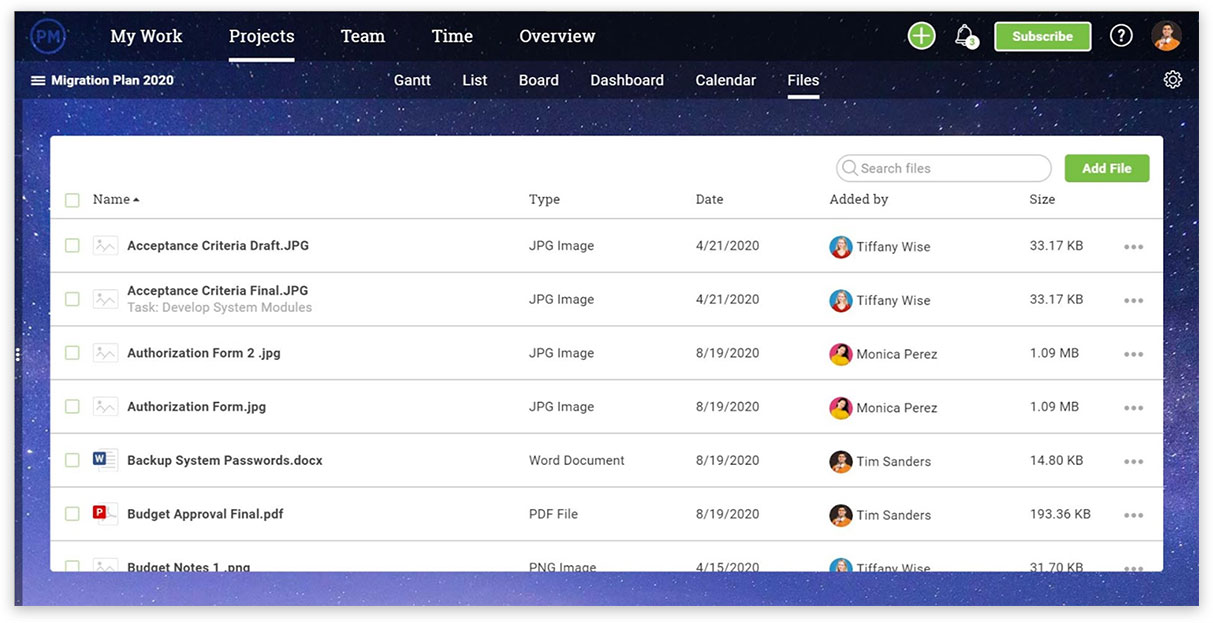 List of project files, type, date added and who added them