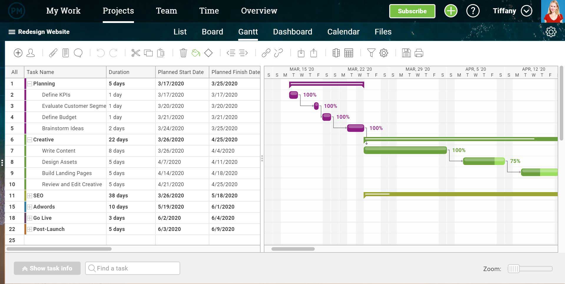 A full-sized screenshot of a gantt chart in ProjectManager.com