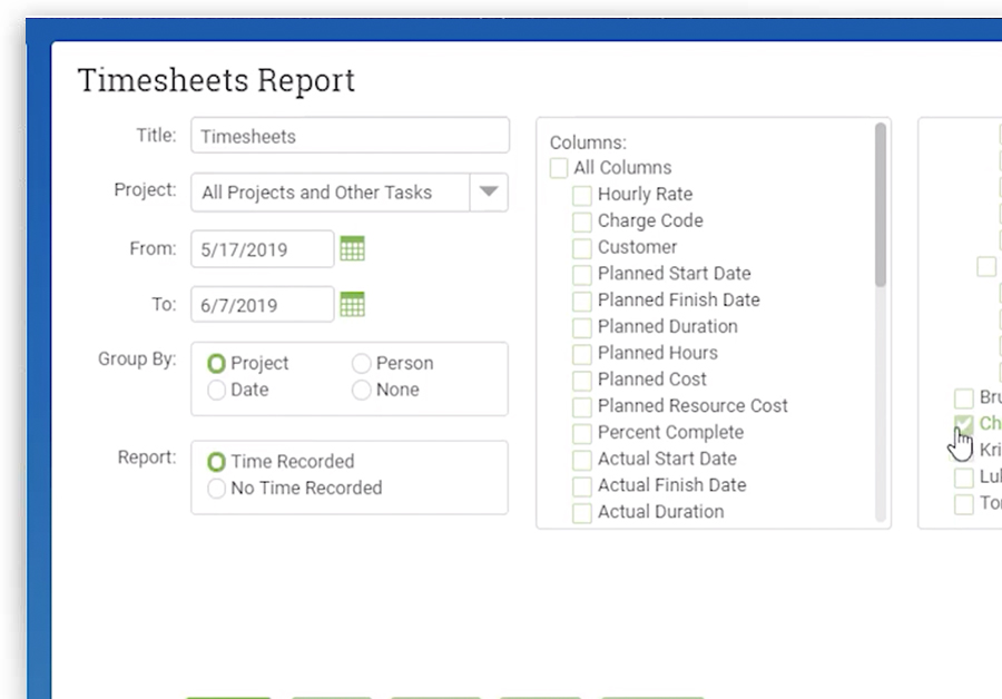 A screenshot of the Timesheet generator in ProjectManager.com