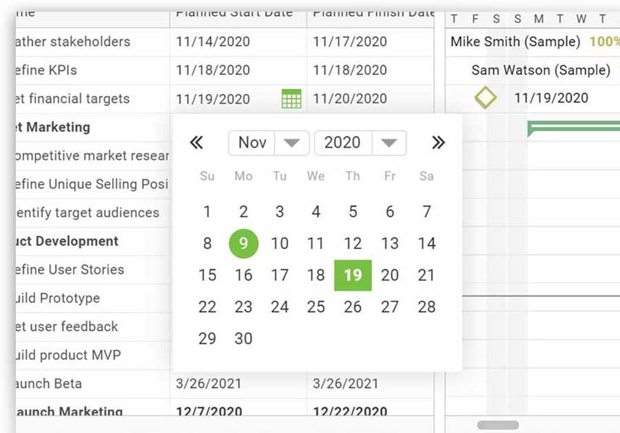 A screenshot of the due date pop-up in a ProjectManager.com task